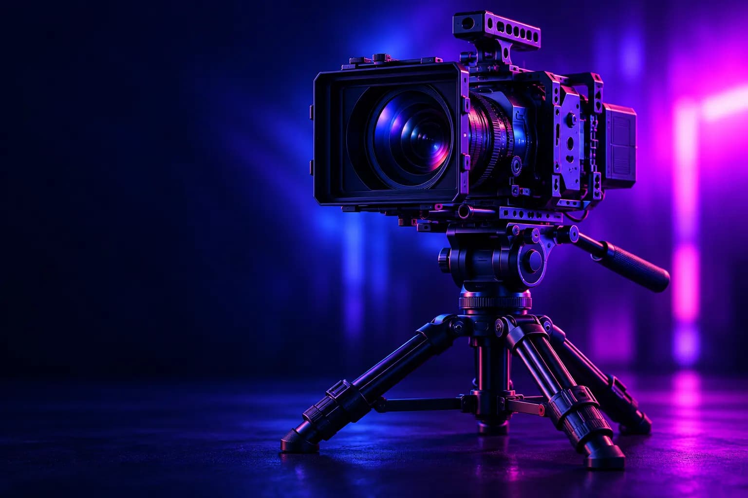 Professionelle Kamera auf einem Stativ im violetten Studiolicht